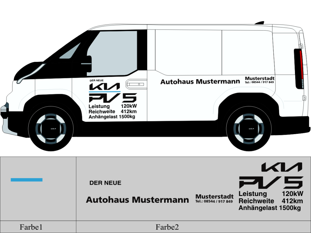 Beschriftungsvorschlag Nr 3279 für KIA PV 5 , zweifarbig geplotteter Text mit Autohaus Schriftzug