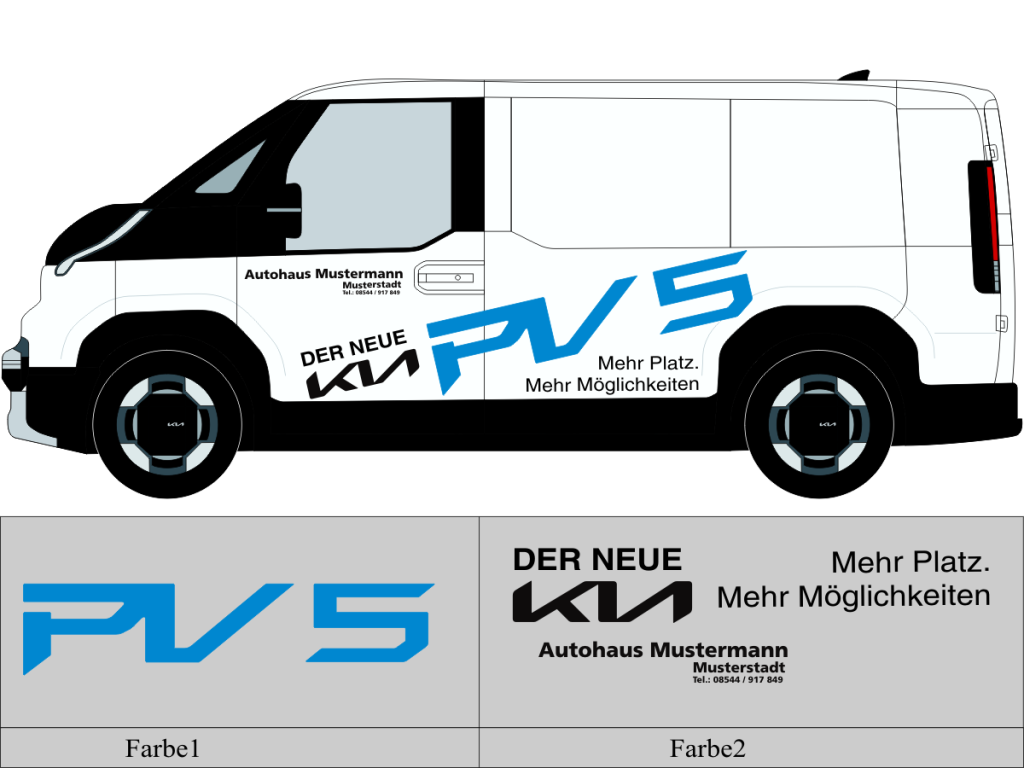 Beschriftungsvorschlag Nr 3280 für KIA PV 5 , zweifarbig geplotteter Text mit Autohaus Schriftzug