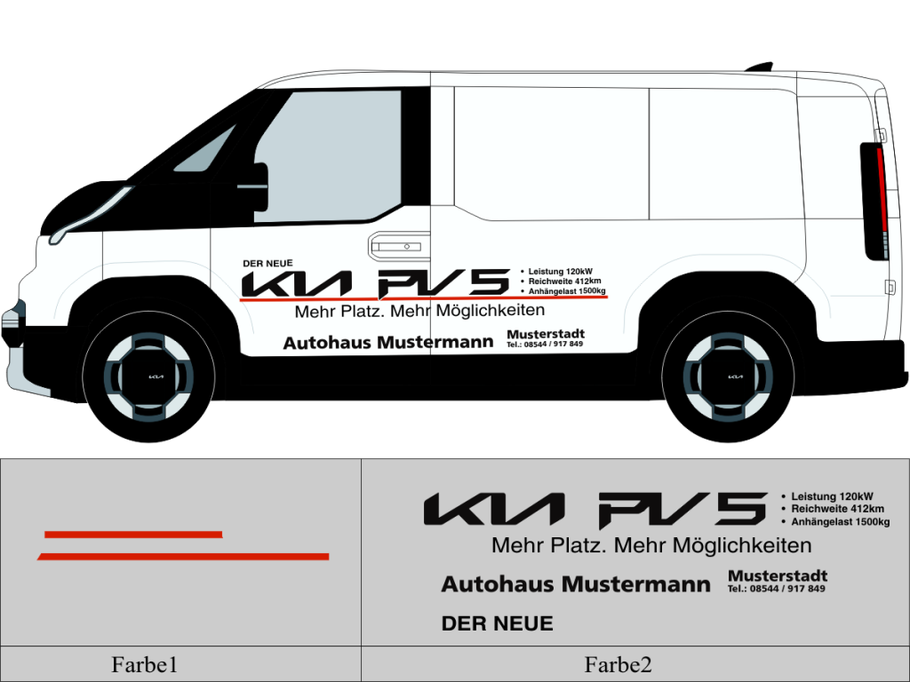 Beschriftungsvorschlag Nr 3281 für KIA PV 5 , zweifarbig geplotteter Text mit Autohaus Schriftzug