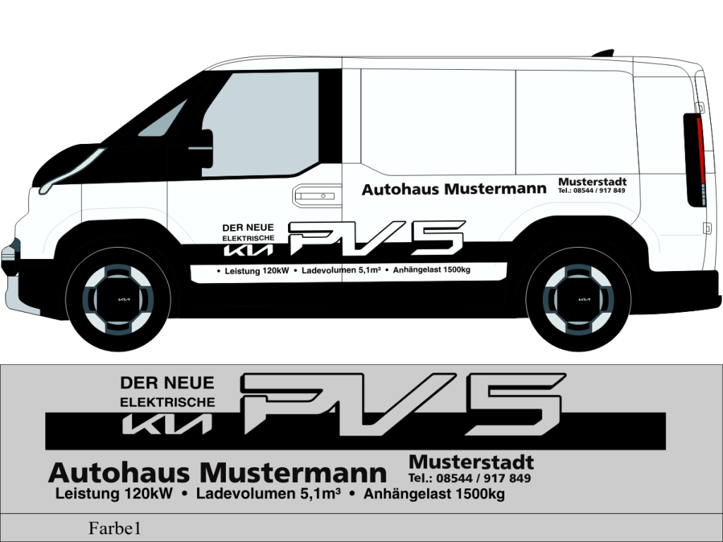 Beschriftungsvorschlag Nr 3282 für KIA PV 5 , einfarbig geplotteter Text mit Autohaus Schriftzug