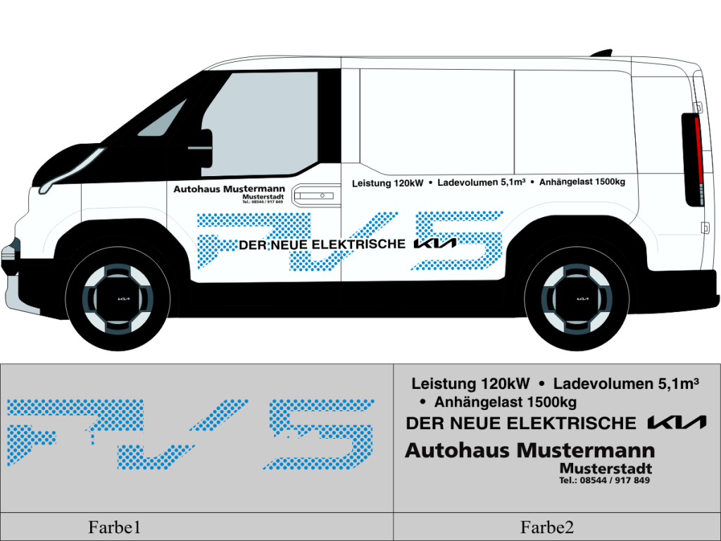 Beschriftungsvorschlag Nr 3283 für KIA PV 5 ,zweifarbig geplotteter Text mit Autohaus Schriftzug