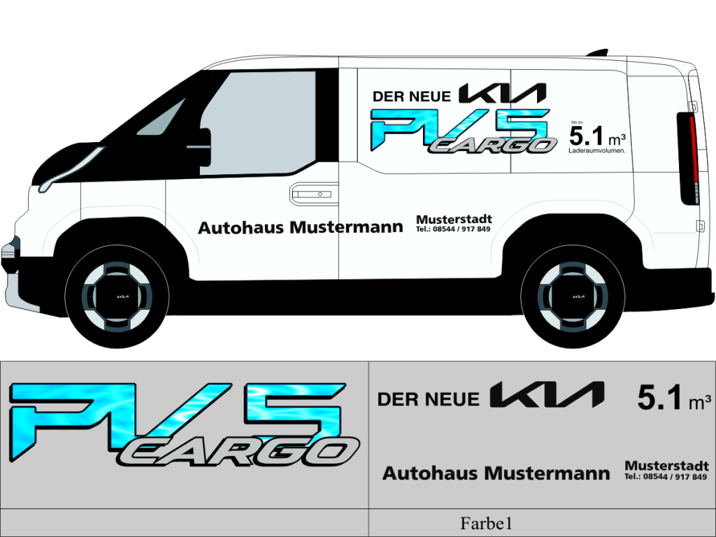 Beschriftungsvorschlag Nr 3285 für KIA PV 5 ,einfarbig geplotteter Text mit mehrfarbig gedruckter Modellbezeichnung 