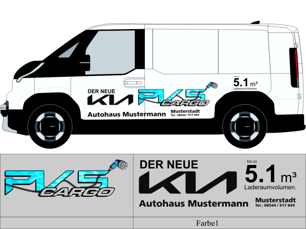 Beschriftungsvorschlag Nr 3286 für KIA PV 5 ,einfarbig geplotteter Text mit mehrfarbig gedruckter Modellbezeichnung 
