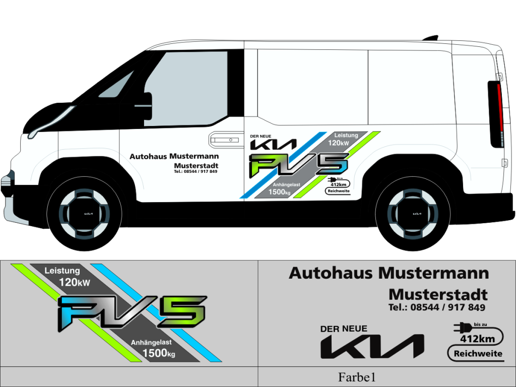 Beschriftungsvorschlag Nr 3287 für KIA PV 5 ,einfarbig geplotteter Text mit mehrfarbig gedruckter Modellbezeichnung 