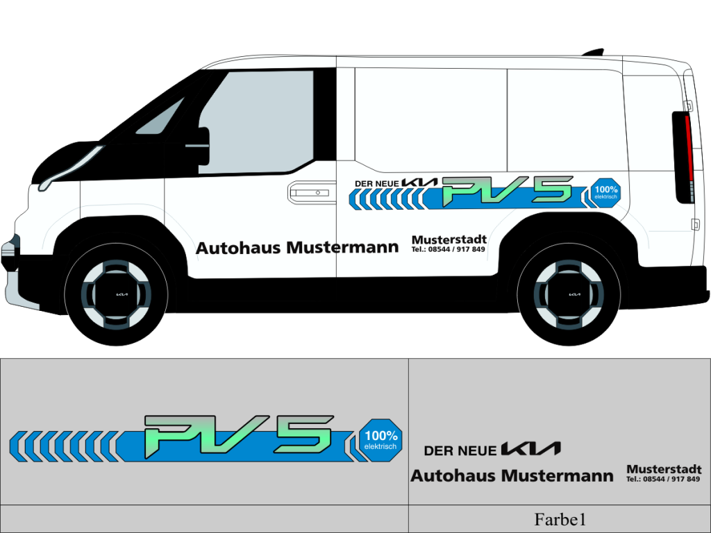 Beschriftungsvorschlag Nr 3288 für KIA PV 5 ,einfarbig geplotteter Text mit mehrfarbig gedruckter Modellbezeichnung 